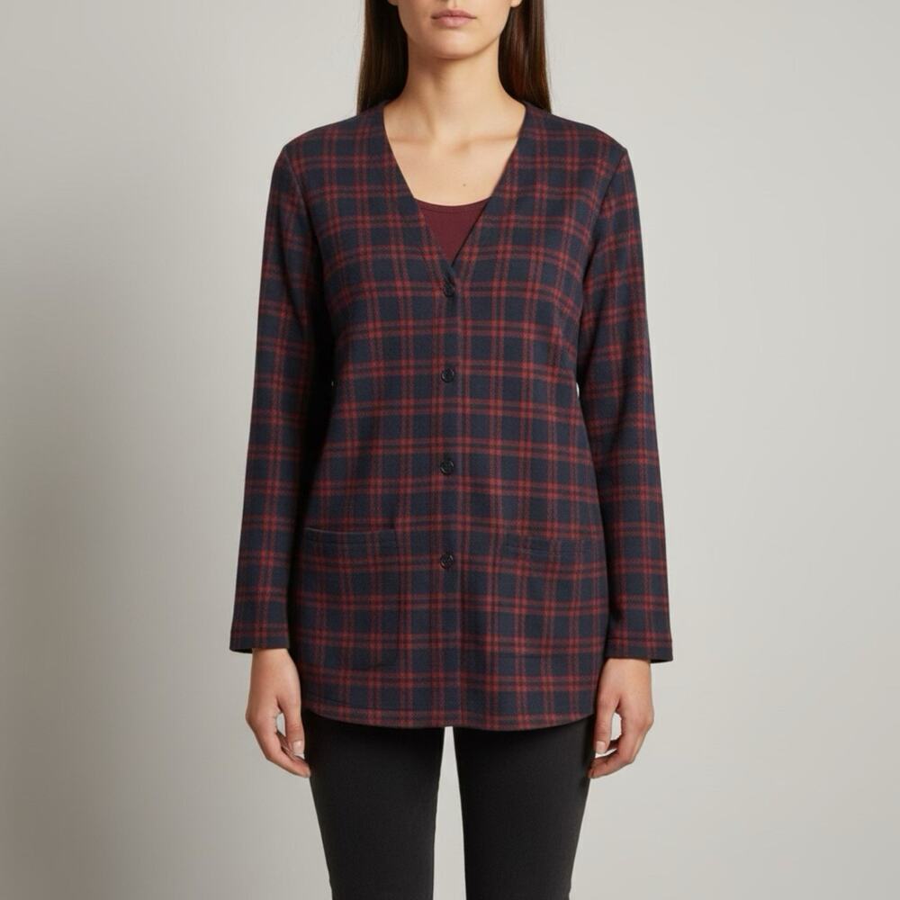Lands End Cardigan Sweater Womens M Cotton Button Pocket NavyBlue Burgundy Plaid